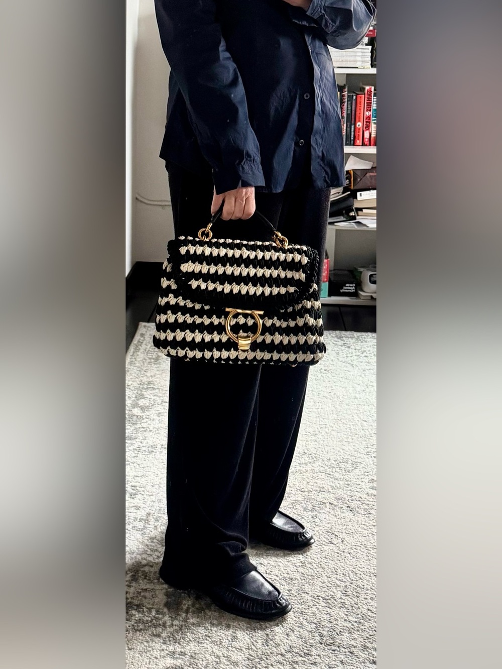 Salvatore Ferragamo Woven Black & Cream Shoulder Bag, Gold Hardware